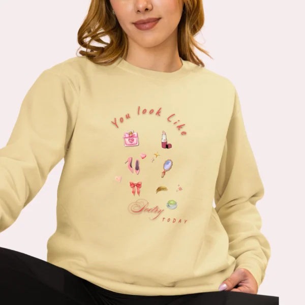 Sweatshirt with “You Look Like Poetry Today” quote and soft illustrated aesthetic elements like perfume, lipstick, ribbons, and hearts - Butter
