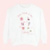 Sweatshirt with “You Look Like Poetry Today” quote and soft illustrated aesthetic elements like perfume, lipstick, ribbons, and hearts - White Flatlay