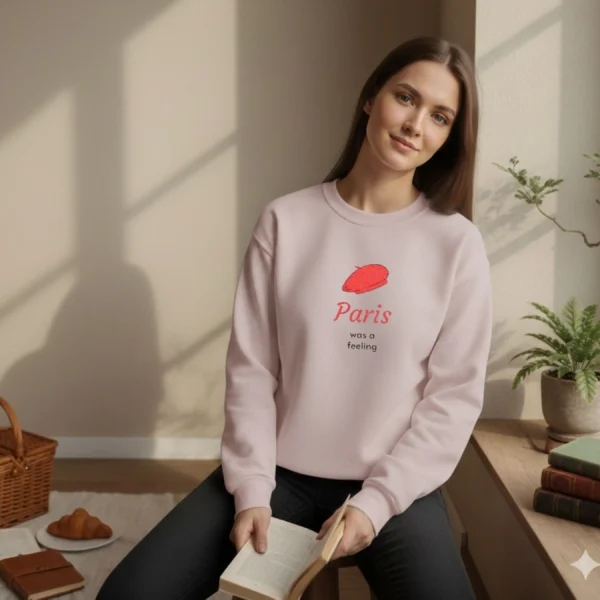 Model wearing a light pink sweatshirt with a red beret design sitting by a sunny window with coffee and a croissant.
